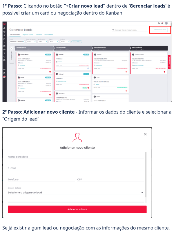 Como criar um lead de uma negociação ou lead "fluxo de loja" dentro do CRM do Cockpit?