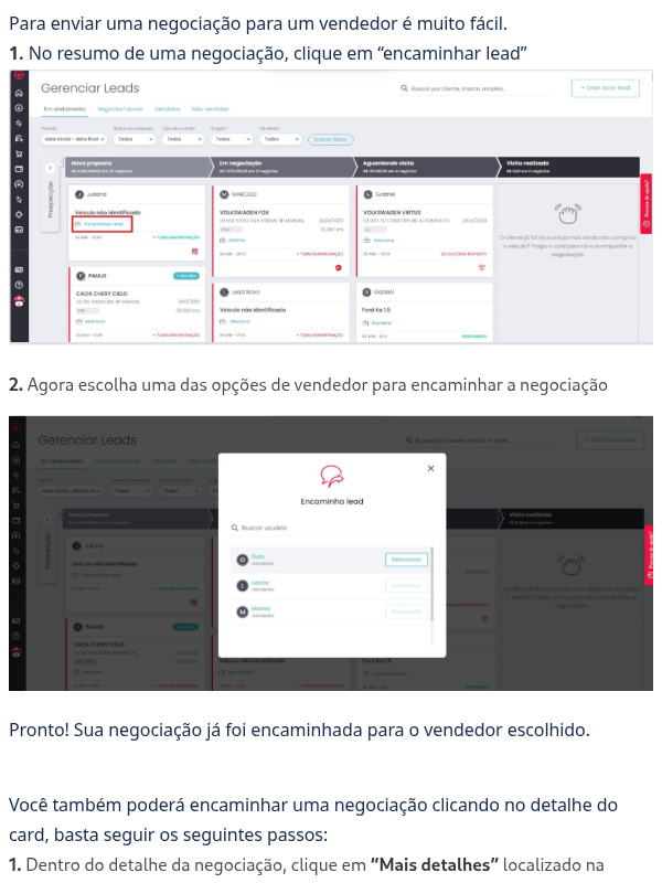 Como encaminhar uma negociação para um vendedor?