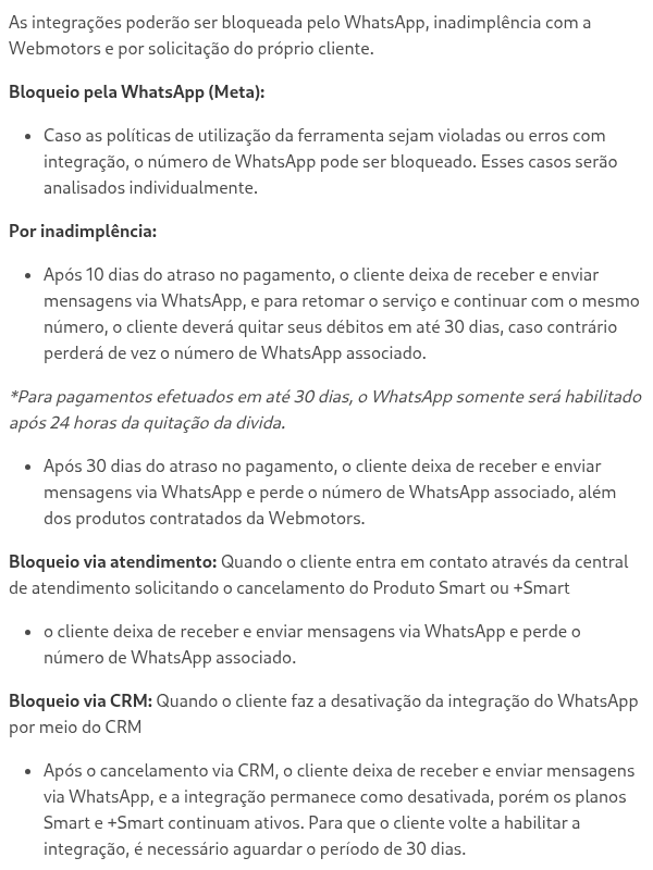 Integração WhatsApp Cockpit bloqueada/desativada