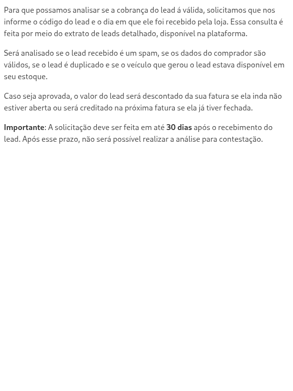 Não concordo com a cobrança dos leads recebidos, qual o procedimento para contestação?