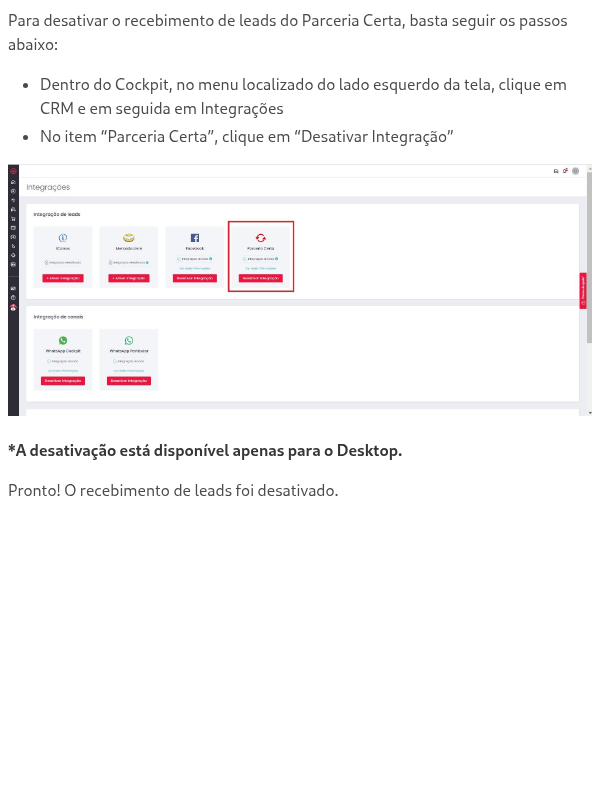 Como desativar o recebimento de leads do Parceria Certa?