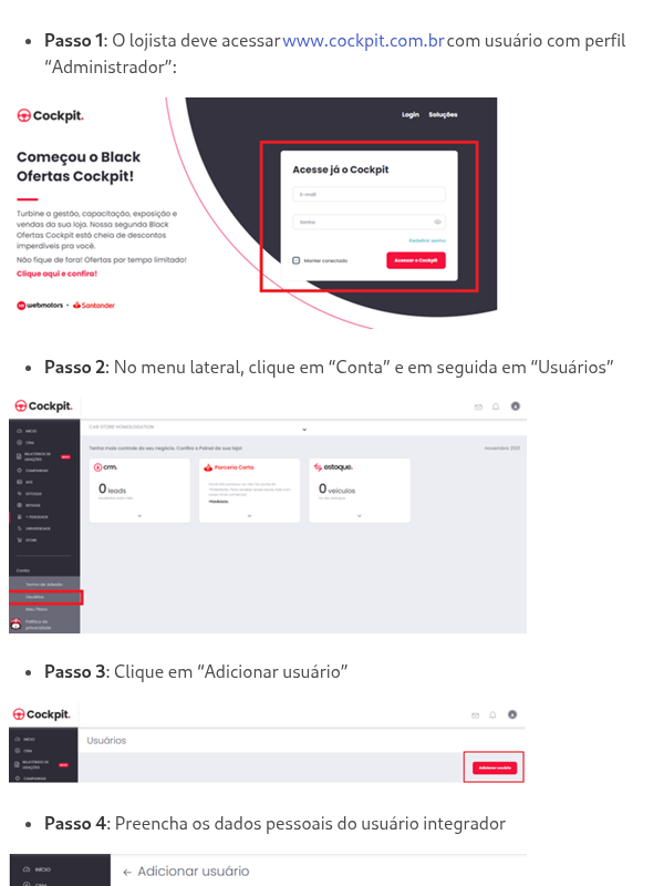 Como cadastrar um usuário com perfil "Integrador de API" no Cockpit?