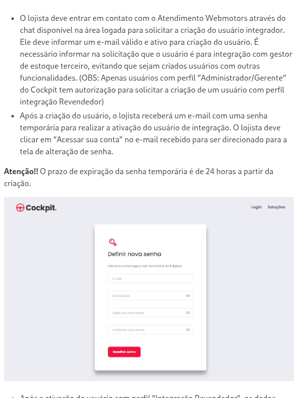 Como solicitar a criação do usuário com perfil “Integração Revendedor”?