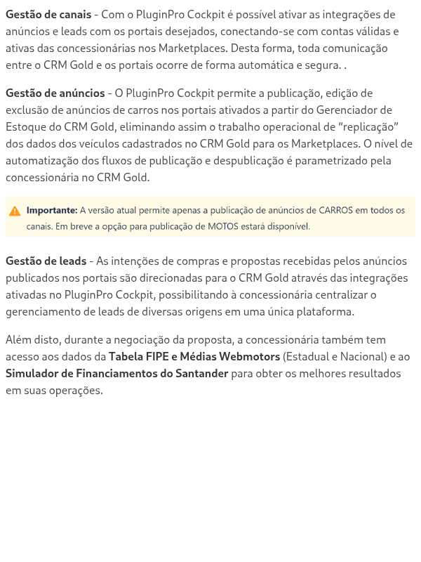 Quais os serviços disponíveis no Plugin Pro Cockpit?