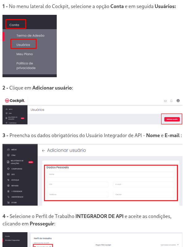 Como cadastrar usuário com perfil "Integrador de API" no Cockpit?