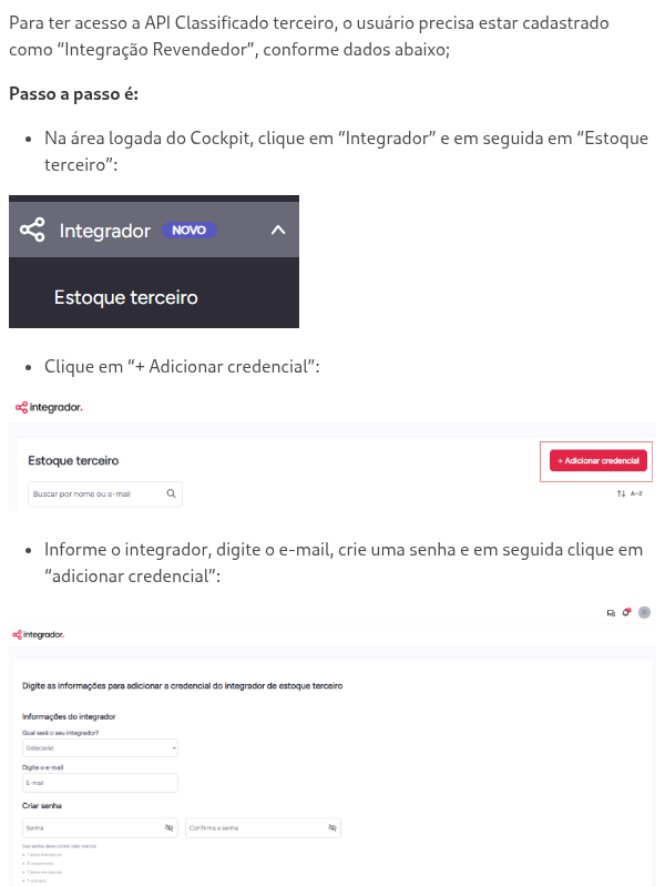 Como cadastrar usuário para ter acesso a API Classificado Terceiro?