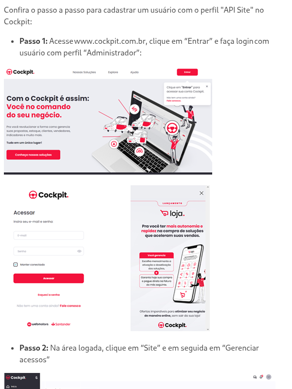 Como cadastrar um usuário com perfil “API Site” no Cockpit?