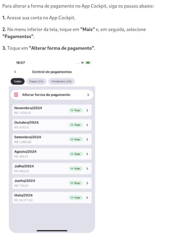 Como alterar a forma de pagamento dentro do App Cockpit?