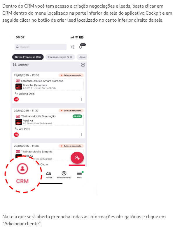 Como criar um lead de uma negociação ou lead "fluxo de loja" dentro do CRM no App Cockpit?