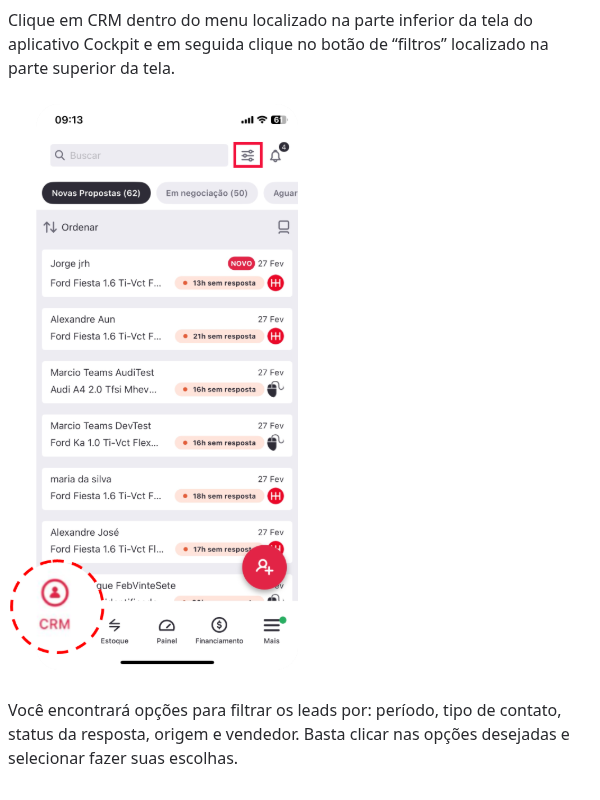 Como posso filtrar os leads na Visão Lista do App Cockpit?