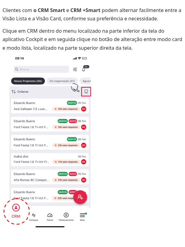 Como acesso a Visão Lista no App Cockpit?