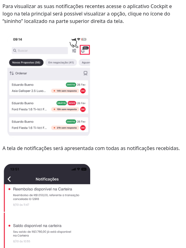 Como visualizar as notificações no App Cockpit?