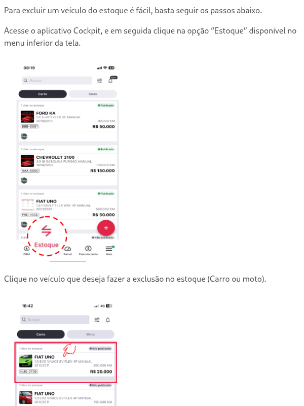 Como excluir um veículo do estoque pelo App Cockpit?