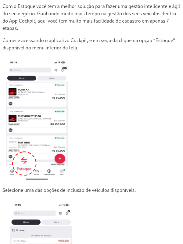 Como cadastrar um veículo no estoque pelo App Cockpit?