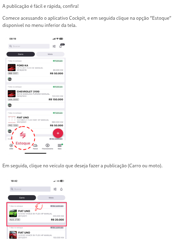 Como publicar veículos cadastrados no estoque pelo App Cockpit?