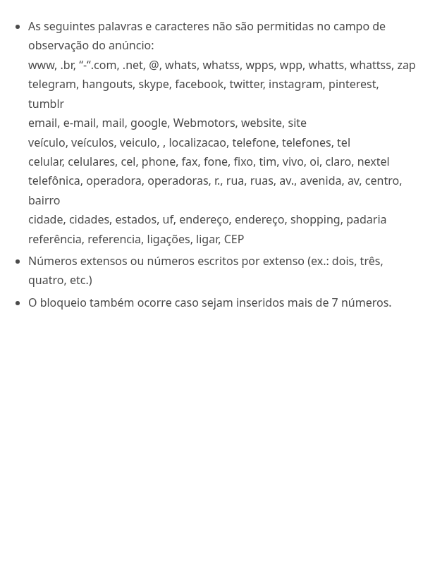 Quais palavras ou caracteres não podem ser inseridos no campo de observação do App Cockpit?
