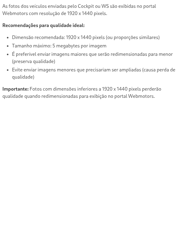 Quais dimensões devem ter as fotos dos veículos para inclusão no estoque via Cockpit ou WS?