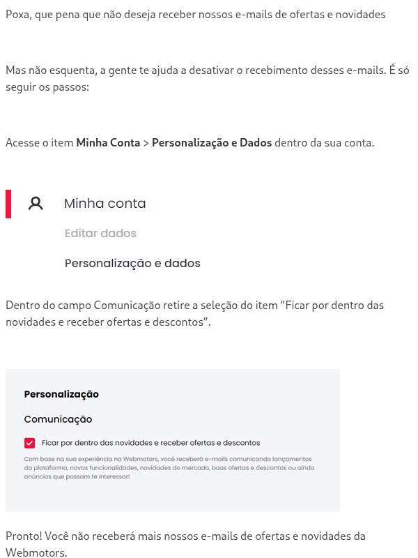 Cancelamento de e-mail marketing e ofertas