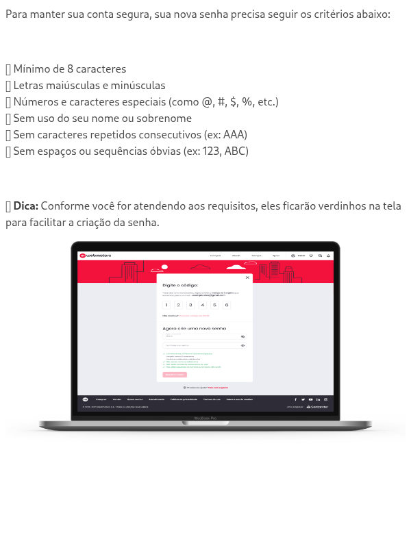 Regras para criação de nova senha
