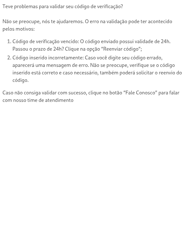 Erro na validação do código