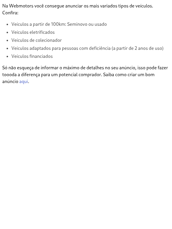 Quais tipos de veículos podem ser vendidos na Webmotors?