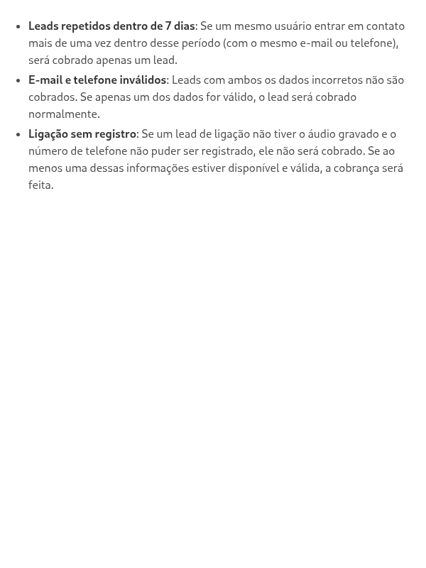 Em quais situações o lead NÃO é cobrado?