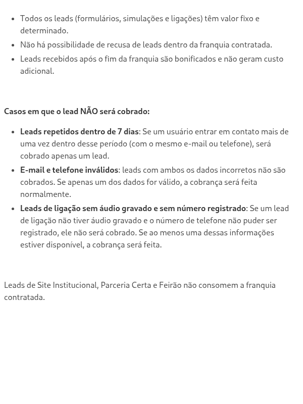 Quais as regras de cobrança dos leads?
