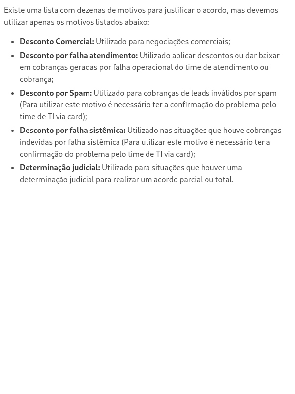 Qual motivo selecionar no BackOffice para justificar o acordo?