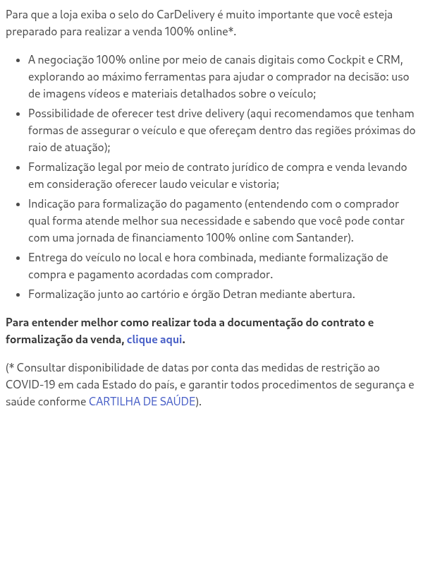Quais são os itens que da loja/concessionária precisa garantir para a venda 100% online?