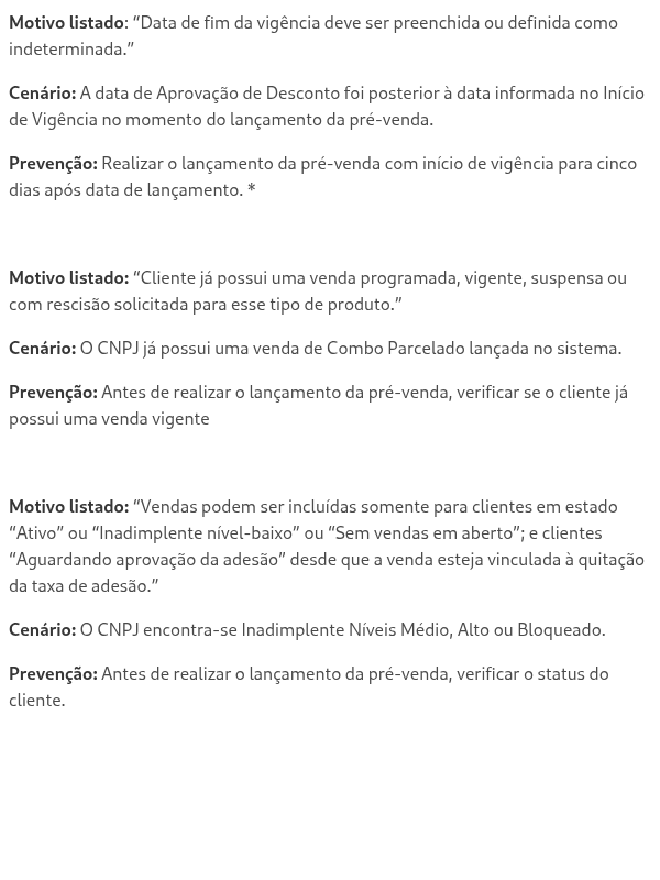 Motivos pré-vendas com erro de processamento