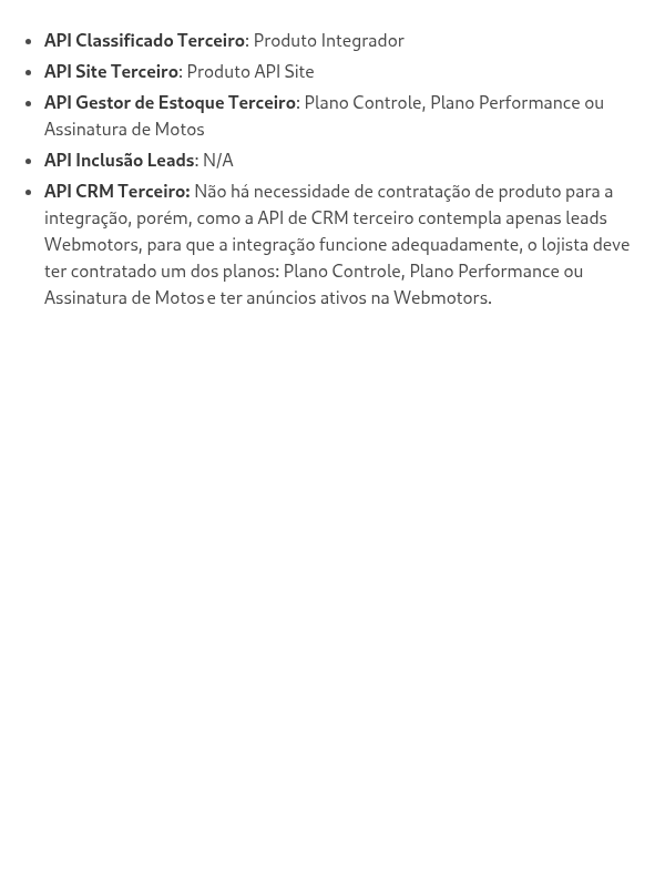 É preciso contratar algum produto Webmotors para ter acesso aos canais integrados via APIs?