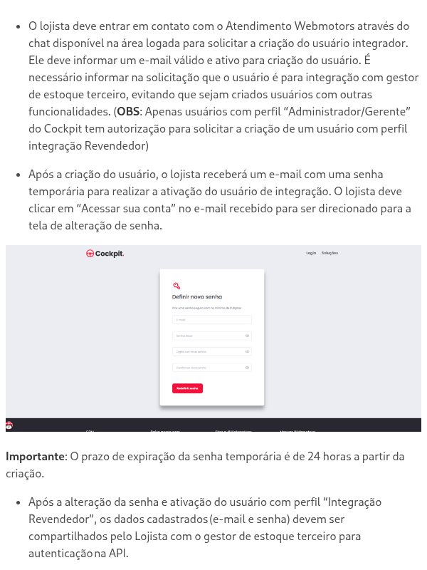 Como solicitar a criação do usuário com perfil “Integração Revendedor”?