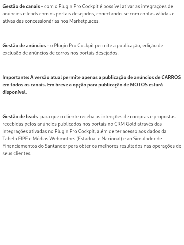 Quais os serviços disponíveis no Plugin Pro Cockpit?