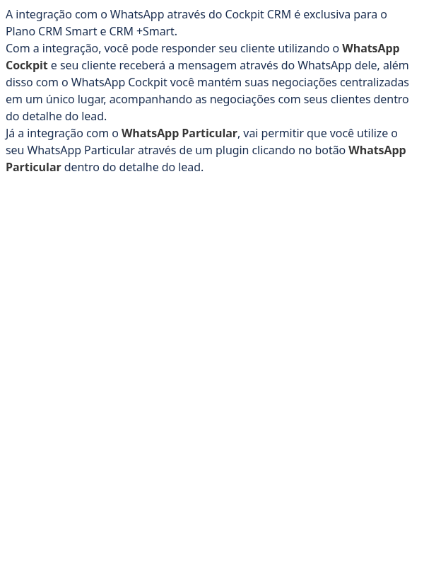 O que é integração com o WhatsApp Cockpit e WhatsApp Particular?