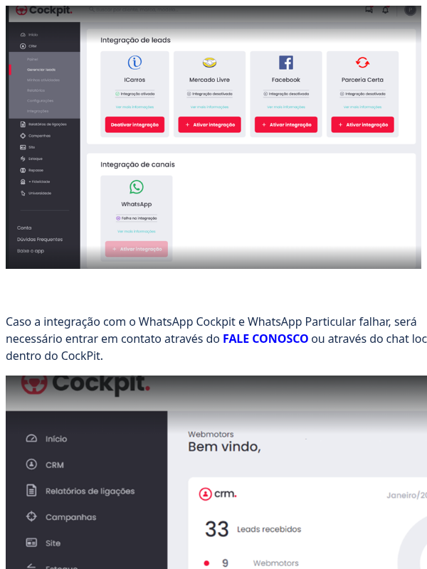 E se minha integração com o WhatsApp Cockpit e Particular falhar?