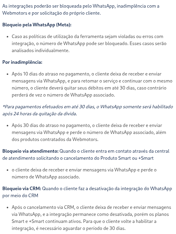 Integração WhatsApp Cockpit bloqueada/desativada