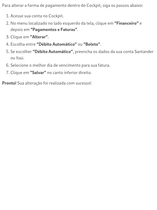 Como alterar a forma de pagamento dentro do Cockpit?