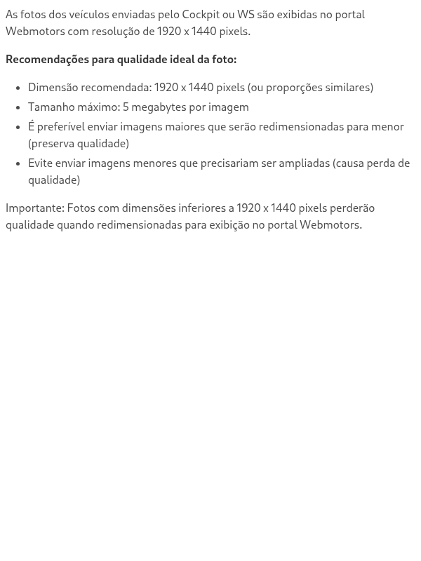 Quais dimensões devem ter as fotos dos veículos para inclusão no estoque via Cockpit ou WS?